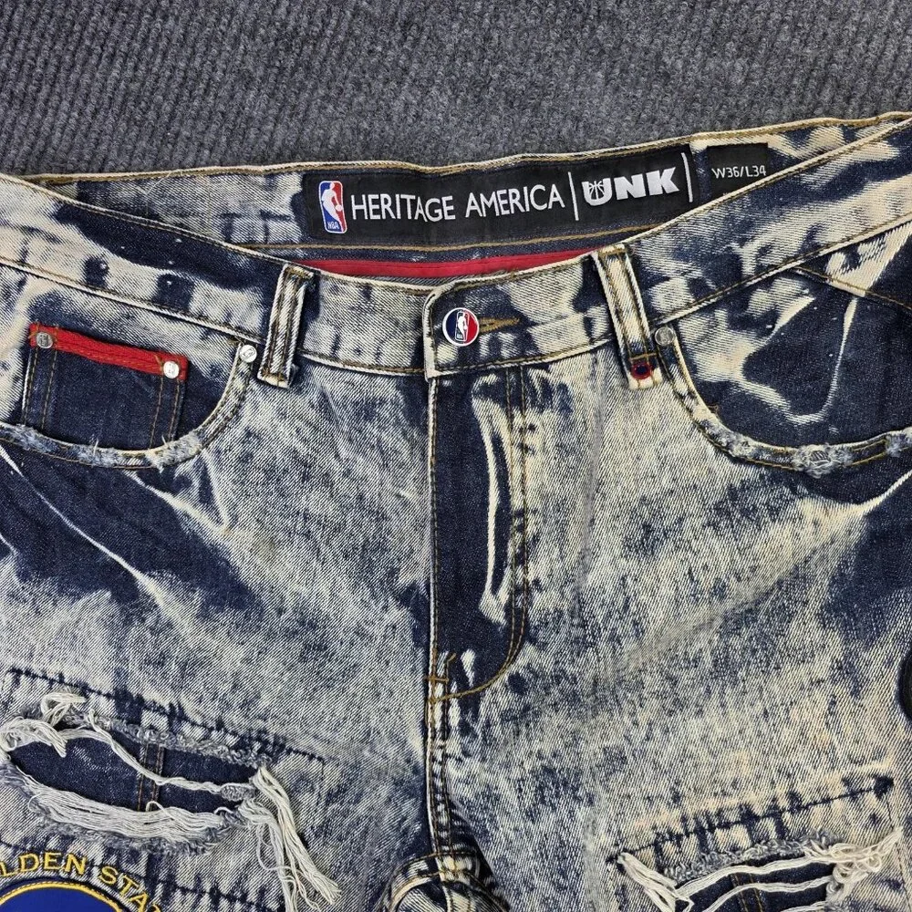 UNK Heritage America Jeans Mens 36 x 34 NBA Basketball Distressed Patches Grunge - Picture 8 of 16